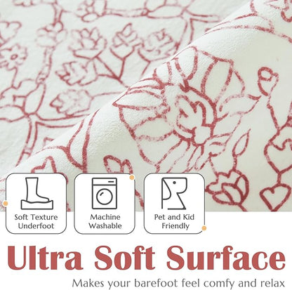jinchan Vintage Floral Washable Area Rug 5x7 Distressed Faux Wool, Red