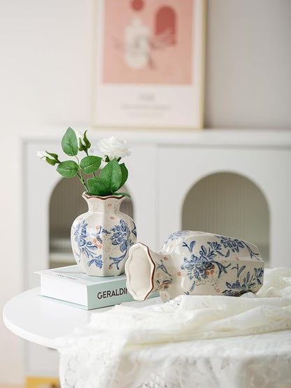 Blue and White Vase, Vintage Blue Ceramic Flower Vessel,Ceramic vases for Home Decor,Vintage Green and Beige for Console Table Mantle Chinoiserie Decor (Blue and White-02, Small)