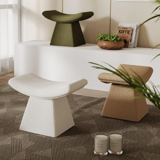 homary Vanity Chair Boucle Curve Ottoman, Plush Upholstered Foot Stool for Lving Room, High-Resilience Foam Chair for Bedroom, Stool Short for Entryways (Gray)