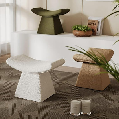 homary Vanity Chair Boucle Curve Ottoman, Plush Upholstered Foot Stool for Lving Room, High-Resilience Foam Chair for Bedroom, Stool Short for Entryways (Gray)