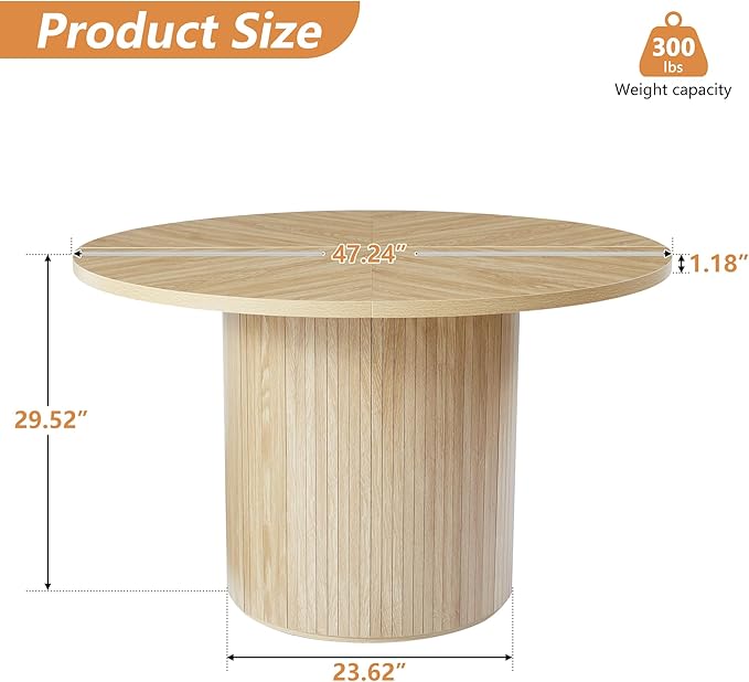 Round Dining Table for 4, Modern Farmhouse Kitchen Table, 47 Inch Small Circle Dining Tables with Wood Strip Base for Kitchen Living Room (Natural)