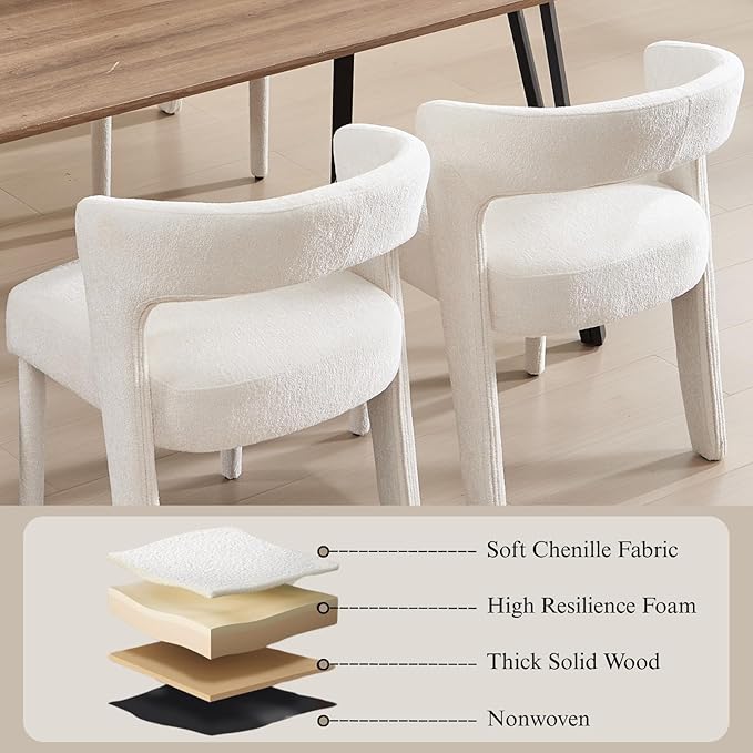 DUOMAY Modern Dining Chairs Set of 2, Chenille Fabric Upholstered Kitchen Chair with Curved Open Back Accent Side Chairs Dining Room Chairs with Wood Legs, White