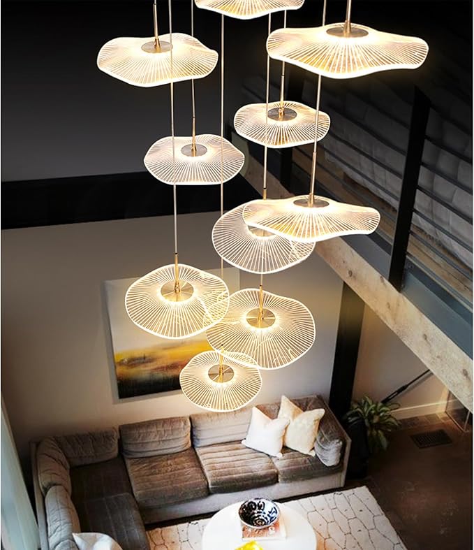 ziidoo High Ceiling Chandelier - 12-Light Dimmable Modern Gold Long Spiral Luxury Linear Lotus Leaf Led Lamp Hanging Pendant Lights for Foyer Enterway Staircase Villas