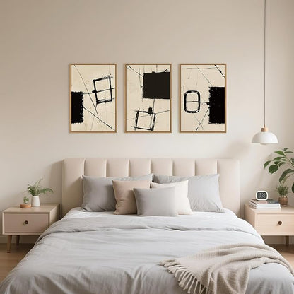 HOURIA Abstract Geometric Framed Canvas Wall Art Set,Black and Beige Brushstroke Wall Decor,Neutral Modern Wall Painting,Textured Line Drawing Art Prints for Living Room, Bedroom, Farmhouse-16 x24 x3