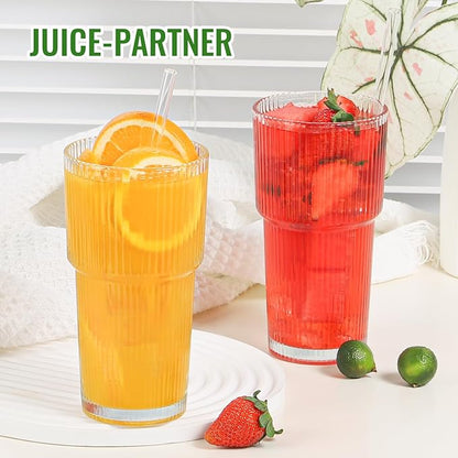 20 oz Glass Cups and Straw 4 Set, Glass Tumbler with Straw, Vintage Glassware for Whiskey Cocktail Beer, Iced Coffee Cups (4 PACK)