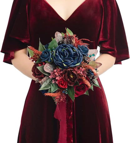 Ling's moment Artificial Flowers Burgundy and Navy Bridesmaid Bouquet, Wedding Flowers Bouquets for Bridesmaids, 7 Inch Bridal Bouquets for Bridesmaids, Wedding Decor, Anniversary, etc