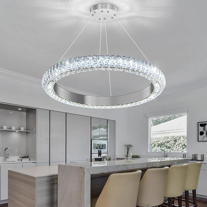 24" Ring Modern LED Dimmable Crystal Chandelier Adjustable Height Pendant Light Round Crystal Chandelier Light Fixtures for Dining Room Living Room Kitchen Island Silver