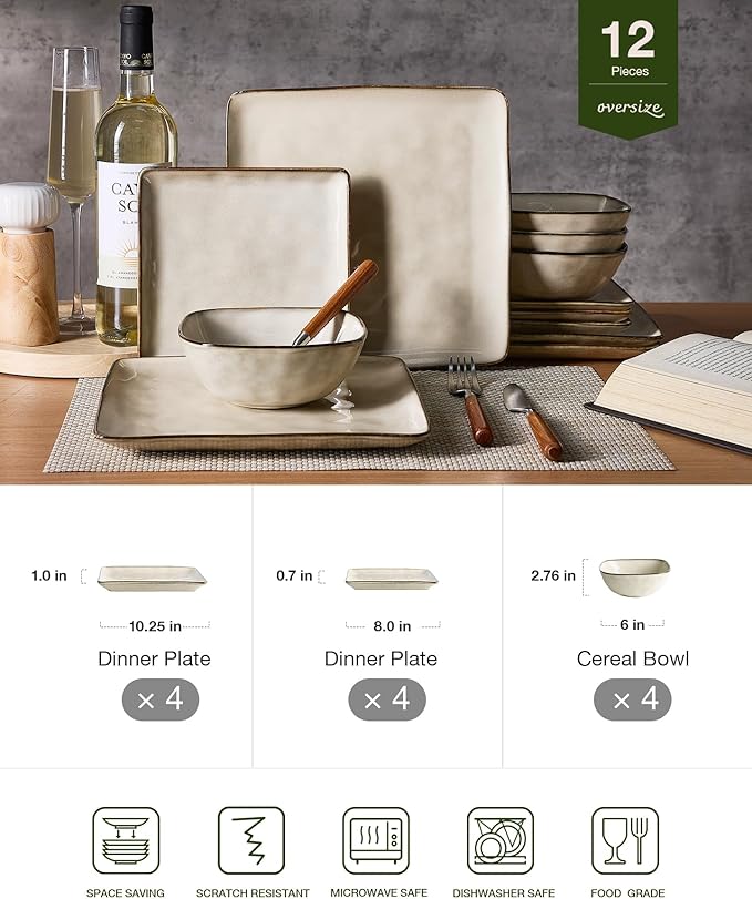 Famiware Dinnerware Sets for 4, Ocean Square 12-Piece Kitchen Plates and Bowls Sets, Microwave and Dishwasher Safe, Scratch Resistant, Light khaki