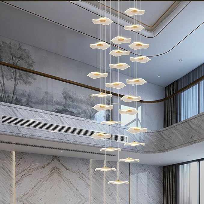 ziidoo High Ceiling Chandelier - 24-Light Dimmable Modern Gold Long Spiral Luxury Linear Lotus Leaf Led Lamp Hanging Pendant Lights for Foyer Enterway Staircase Villas