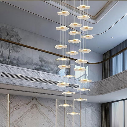 ziidoo High Ceiling Chandelier - 24-Light Dimmable Modern Gold Long Spiral Luxury Linear Lotus Leaf Led Lamp Hanging Pendant Lights for Foyer Enterway Staircase Villas