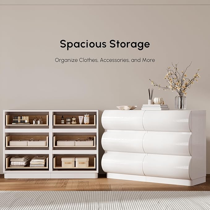 homary Modern 6 Drawers Dresser, 39.4" Wide Faux Leather Chest of Drawers with Modern Design, Storage Dressers Organizer for Bedroom Living Room Hallway, White