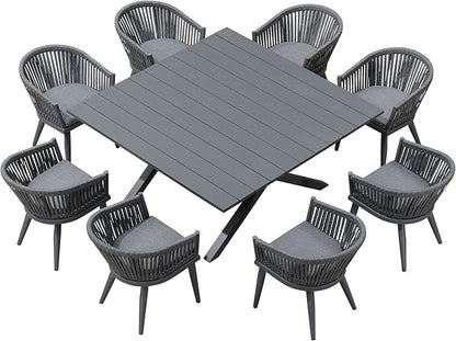 PURPLE LEAF 9 Pieces Outdoor Dining Set with Patio Aluminium Square Dining Table and Wicker Rattan Chairs Modern Furniture Cushions Sets for Backyard Indoor Decor Kitchen Grey