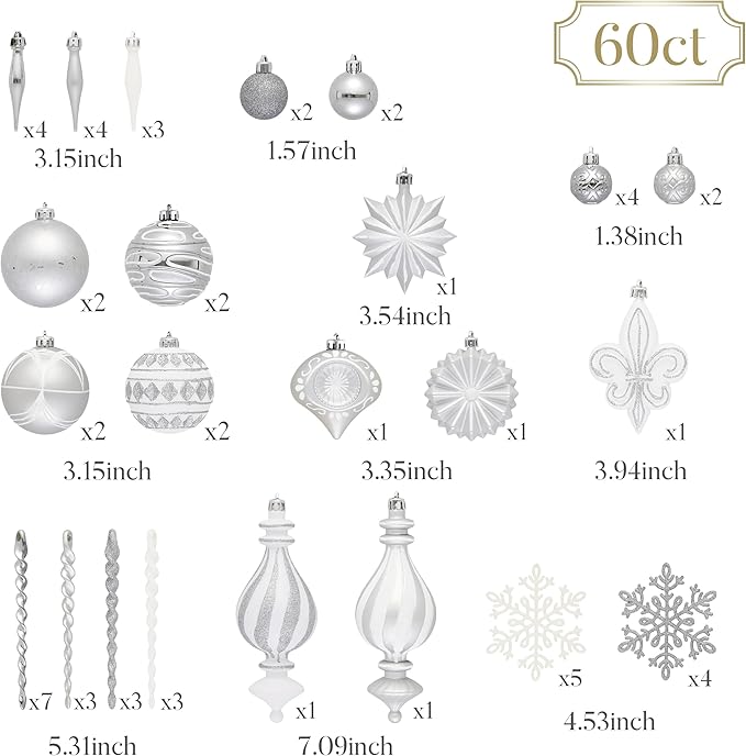 Valery Madelyn Ornaments for Christmas Trees, 60ct White and Silver Shatterproof Christmas Tree Decorations, Luxury Hanging Ball Ornaments Bulk for Xmas Holiday Party Decor