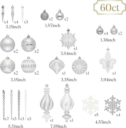 Valery Madelyn Ornaments for Christmas Trees, 60ct White and Silver Shatterproof Christmas Tree Decorations, Luxury Hanging Ball Ornaments Bulk for Xmas Holiday Party Decor