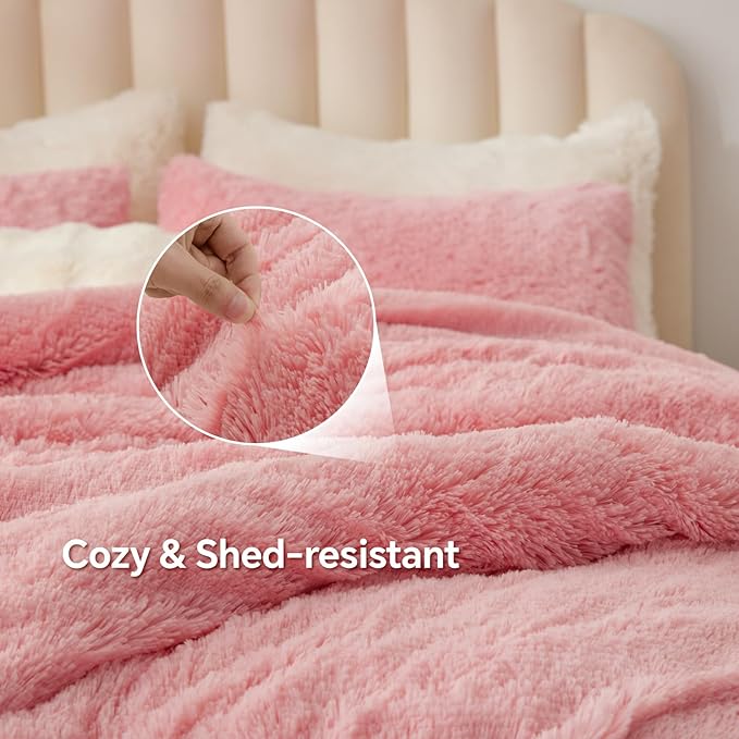 BEDELITE Pink Fluffy Comforter Set Twin Size, Fuzzy Faux Fur Comforter Bedding Set, 2Pieces Soft Warm Shaggy Bed Set (1 Comforter & 1 Pillowcase) as Gifts for Women