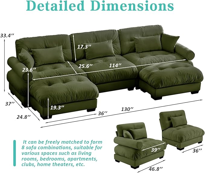 SoarFlash Sectional Sofa Couch, U Shaped Modern Sofa with Solid Wood Legs, Couches Sofas for Living Room Apartment, Comfortable Small Couches for Apartment, Green