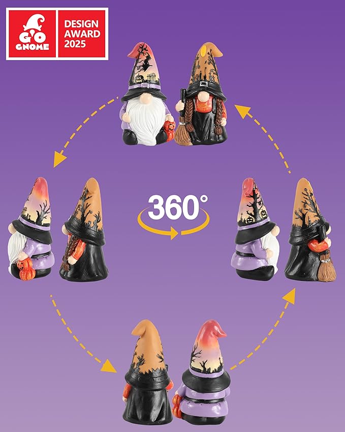 Halloween Gnomes and Witch Figurines - 2Pack Lights Up Fall Gnome - 4.5'' Resin Indoor Halloween Decor for Women (Gnomes)