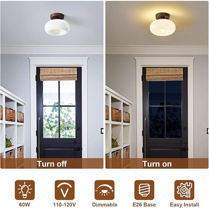 Mid-Century Modern Semi Flush Mount Ceiling Light, Faux Walnut Wood Kitchen Light Fixtures with Glass Shade, Mini White Close to Ceiling Lamp for Entryway Hallway Bathroom (8.66 Inch)