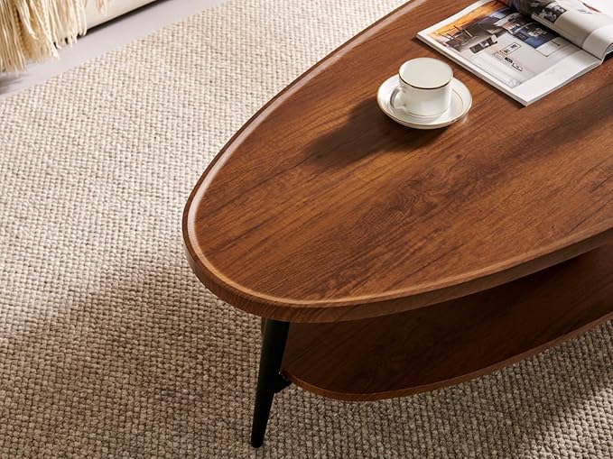 Saint Mossi Modern Coffee Table for Living Room, Mid-Century Oval Wood Coffee Table, Double Layer Center Table for Small Space, D47xW23.6xH15, Espresso