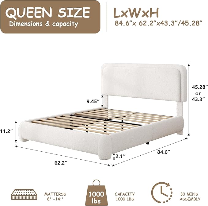Queen Size Boucle Bed Frame, Cloud Upholstered Platform Bed with Height Adjustable Headboard & Soft Rounded Corners, No Box Spring Needed, Noise Free, Easy Assembly, White
