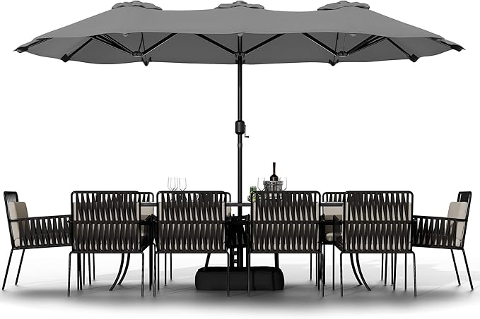 Shintenchi 16FT Large Patio Umbrella with Base, Outdoor Double-Sided Rectangular Umbrella, Market Umbrella with Crank Handle for Poolside Lawn Garden, Gray