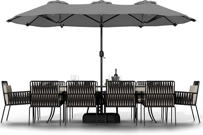 Shintenchi 16FT Large Patio Umbrella with Base, Outdoor Double-Sided Rectangular Umbrella, Market Umbrella with Crank Handle for Poolside Lawn Garden, Gray