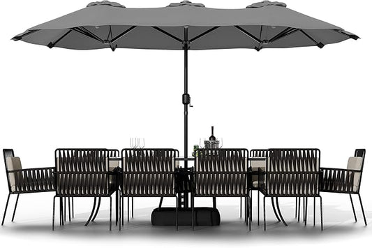 Shintenchi 16FT Large Patio Umbrella with Base, Outdoor Double-Sided Rectangular Umbrella, Market Umbrella with Crank Handle for Poolside Lawn Garden, Gray