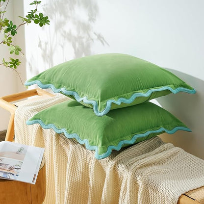 MONDAY MOOSE Decorative Throw Pillow Covers Cushion Cases, Set of 2 Soft Velvet Scalloped Wavy Edge Designs, Pillow Inserts Not Included (Light Blue/Light Green, 16x16 inch)