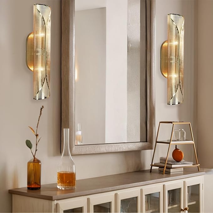Modern Aged Brass Curved Rounded Perforated Metal Canopy Double Wall Sconce, Hand-Made Wall Mounted Light Beside Mirror, Wall Light for Hallway, Bedroom, Living Room