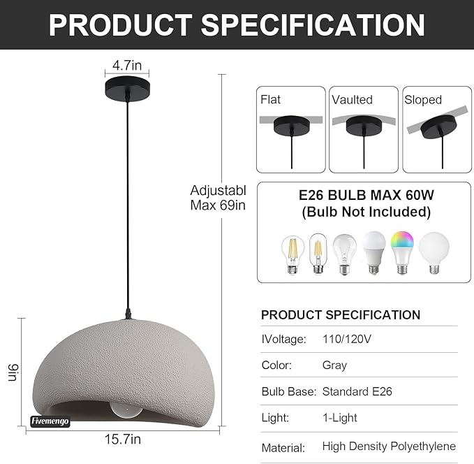 15.7in Wabi Sabi Pendant Lights Kitchen Island Lighting Fixture Ceiling Mount Grey Modern Japanese Lamp Japandi Chandelier for Dining Living Room Hallway Bedroom Restaurant Hanging Lamp