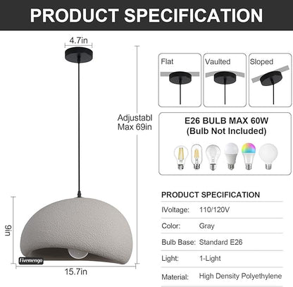 15.7in Wabi Sabi Pendant Lights Kitchen Island Lighting Fixture Ceiling Mount Grey Modern Japanese Lamp Japandi Chandelier for Dining Living Room Hallway Bedroom Restaurant Hanging Lamp