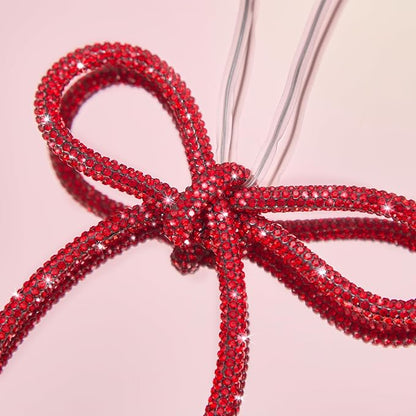 FLAIR GIFTS 6 Pcs 4.3" x 6" 2025 Christmas Red Bows for Tree Decor, Sparkly Glitter Rhinestone Bow Ornaments with Twist Tie for Xmas Decoration, Wreath, Garland, Gift Wrapping