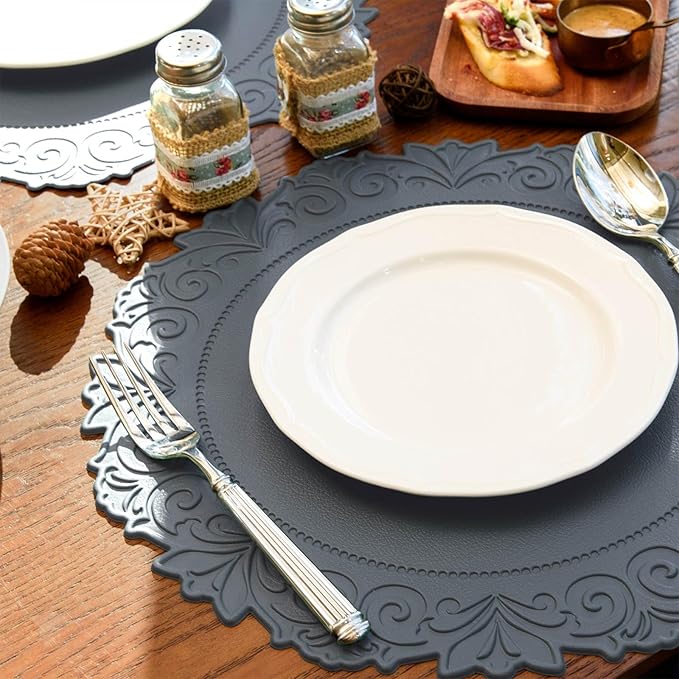 Noctiflorous Round Faux Leather 15 Inch Placemats Set of 6 Waterproof Wipeable Heat Resistant Tablemat for Dining Table Kitchen Non Slip Washable Oilproof Table Place Mat(Graphite Gray, 6)