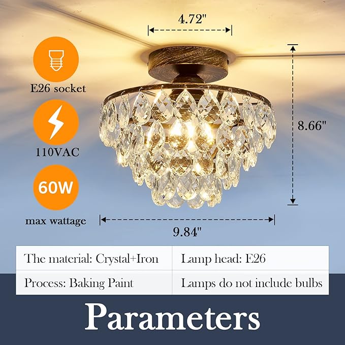 YYJLX Crystal Chandelier,Modern Semi Flush Mount Small Ceiling Light Oil Rubbed Bronze,Mini E26 Ceiling Lamp for Hallway Bedroom Bathroom Closet