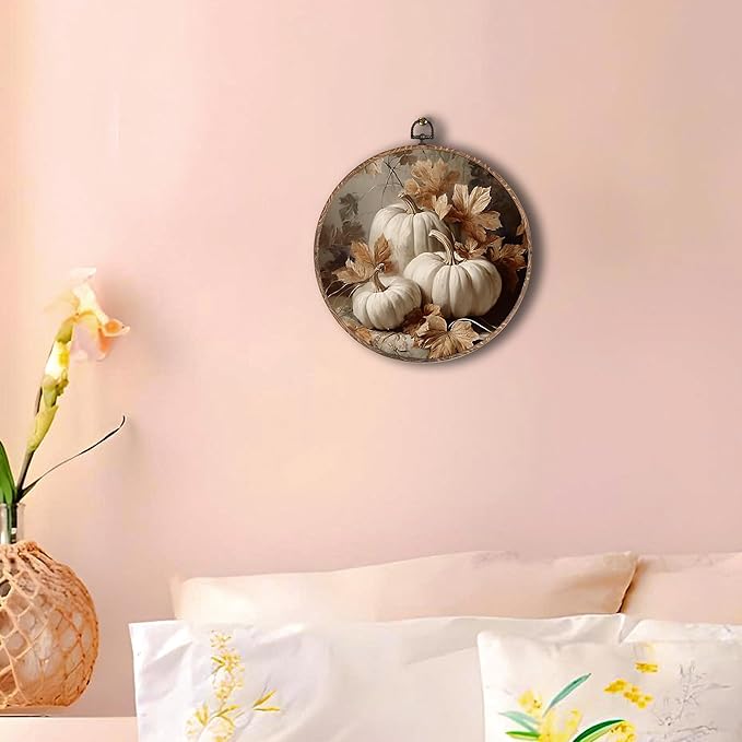 Hxlac Vintage Fall Pumpkin Maple Leaves Round Wall Art Framed, Fall Halloween Round Wall Decor, Vintage Autumn Hanging Canvas Prints Wall Sculptures for Farmhouse Home Living Room Decor, 10x10 Inch