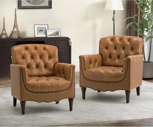 HULALA HOME Mid Century Modern Leather Club Chairs Set of 2, Top-Grain Genuine Leather Armchairs with Button-Tufted Back & Solid Wood Legs, Accent Chairs for Living Room/Bedroom/Home Office, Camel