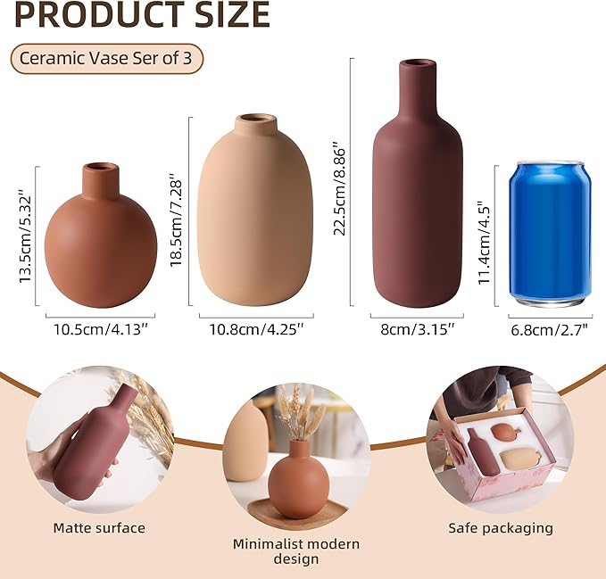 Ceramic Modern Vase for Home Decor Farmhouse Vases Set of 3 Terracotta Decorative Pottery Boho Vases for Pampas Grass Living Room Kitchen Bedroom Entryway Mantel Decor