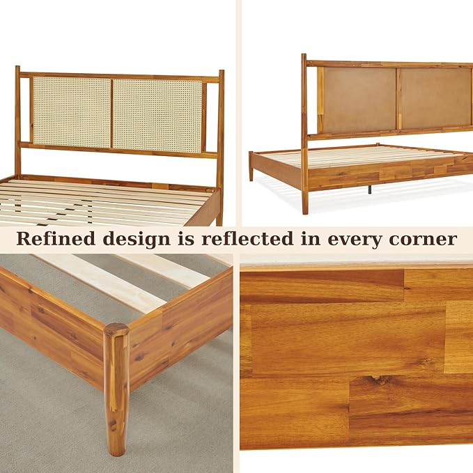 Bme Oliver Headboard Queen Size Bed Frame - 15-Inch Signature Design with Rattan Headboard, Bohemian and Mid Century Style, 12-Slat Wood Support, No Box Spring Needed - Easy Assembly, Caramel