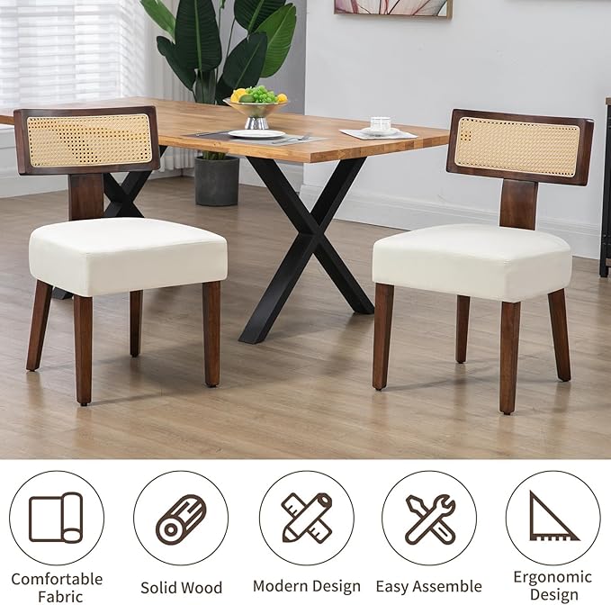 Rattan Dining Chairs Set of 6, Mid-Century Modern Fabric Dining Room Chairs with Brown Hardwood Frame, Upholstered Curved Backrest Kitchen Chair Armless for Living Room (Cream)