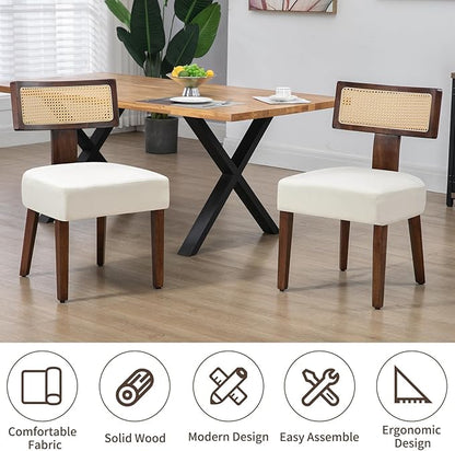 Rattan Dining Chairs Set of 6, Mid-Century Modern Fabric Dining Room Chairs with Brown Hardwood Frame, Upholstered Curved Backrest Kitchen Chair Armless for Living Room (Cream)