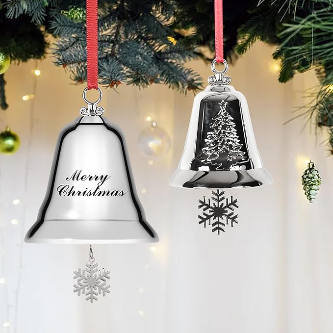 Styleonme Decorative Bells, Christmas Ornaments 2025, Engraved It's Merry Christmas 2025, Silvery Bells Decoration with Pendants Snowflakes