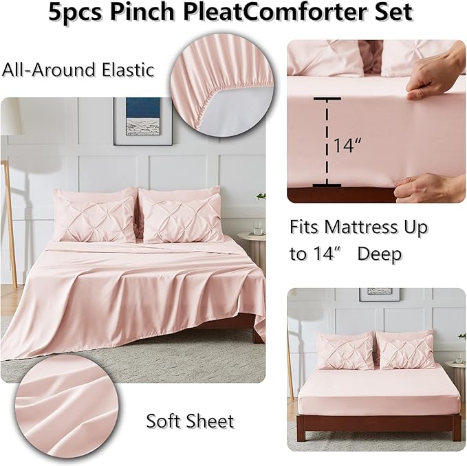 CozyLux Twin XL Comforter Set Blush Pink, 5 Pieces Twin Extra Long Pintuck Bed in A Bag for College Dorm, Pinch Pleat Bedding Set with Comforter, Sheets, Pillowcase & Sham