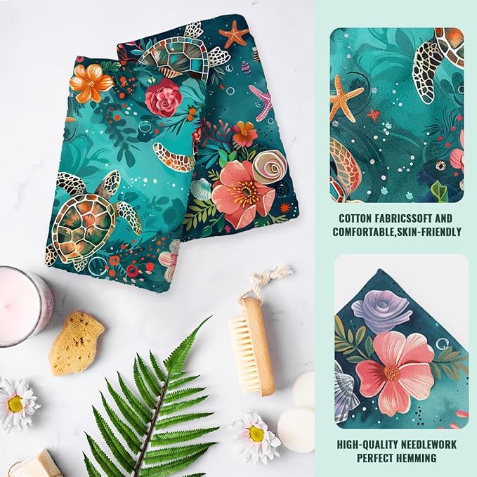 Sea Turtle Starfish Kitchen Dish Towels Set of 2 16x24 Farmhouse Holiday Tabletop Decor Coral Floral Turquoise