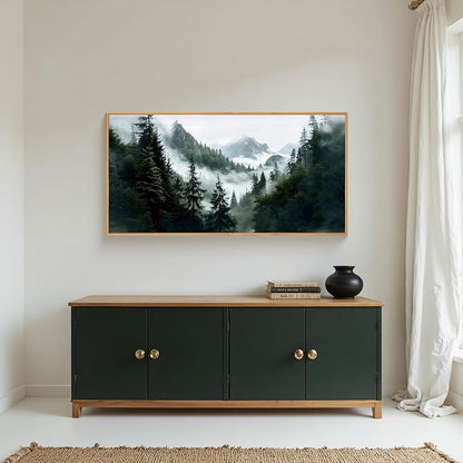 HOURIA Boho Forest Mountain Framed Canvas Wall Art Set,Nature Foggy Woodland Ridge Wall Decor,Misty Pine Tree Artwork,Sage Green Botanical Art Prints for Living Room, Bedroom, Farmhouse- 20"×40"×1