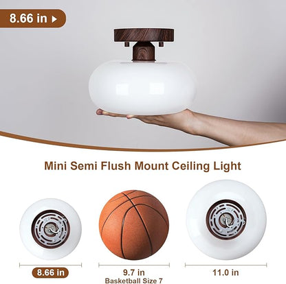 Mid-Century Modern Semi Flush Mount Ceiling Light, Faux Walnut Wood Kitchen Light Fixtures with Glass Shade, Mini White Close to Ceiling Lamp for Entryway Hallway Bathroom (8.66 Inch)