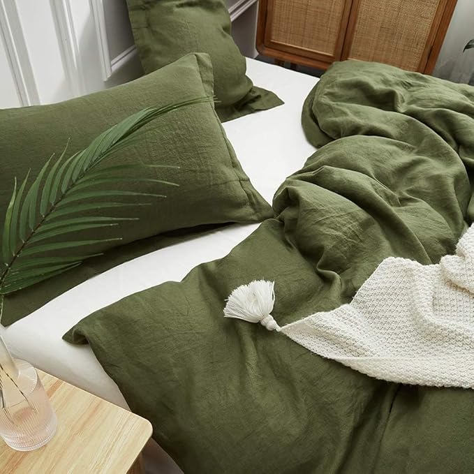 Simple&Opulence 100% Linen Duvet Cover Set, 3 PCS Natural French Flax Olive Green Duvet Cover Full Size, Breathable Soft Comfy Linen Bedding Comforter Cover with 2 Pillowcases(Olive Green, 78"x86")