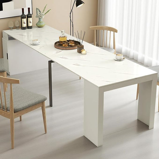 24''- 118'' Extendable Dining Room Table, Expandable Dining Table, Modern Large Table, for 2-12 Person(with Cabinet & Outlet), White Marble