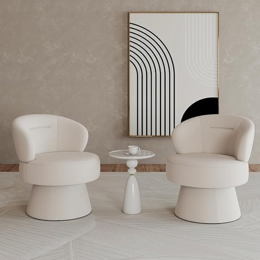 360° Swivel Accent Chairs Set of 2, Modern Chenille Upholstered Boucle Dining Chair with Back, Vanity Chair Accent Armchair Side Chairs for Dining/Living Room, Bedroom, White