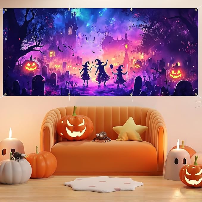 6 x 13 ft Halloween Garage Door Decorations Halloween decorations Witch Door Cover, Hanging Banner, Cauldron Backdrop Mural for Home, Outdoor, Indoor, Spooky Party, Wall, Window (Purple-2)