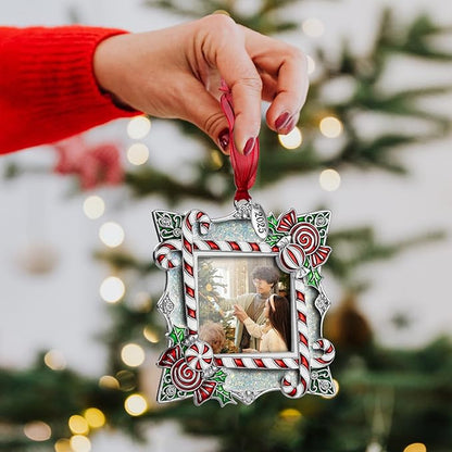 2025 Christmas Ornaments 2 inch Picture Frame Metal Hanging Pendant for Tree Small Decorative Keepsake, Display Photo for Baby and Pet (Candy Silver (2025))